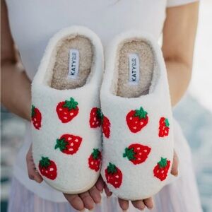 Katydid White Slippers with Red Strawberry Design